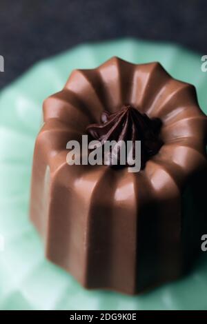 Petit gâteau au chocolat et noisettes maison (financier) recouvert de glaçage au chocolat. Pâtisserie européenne moderne. Banque D'Images