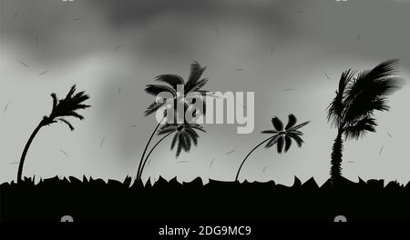 Palmiers pendant la tempête et l'ouragan. Les feuilles volent à travers le ciel d'une tempête. Illustration. Banque D'Images