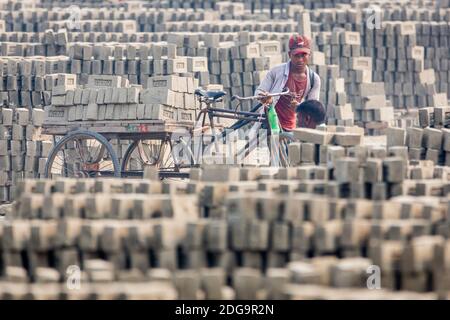 Après le séchage des briques d'argile brute, elles sont empilées à l'intérieur d'un four de briques à cheminée fixe le long de la rivière hazy Turag à Asulia au Bangladesh. La zone est remplie de fours de briques à cheminée fixe, qui viennent de transformer leur production en grande vitesse. Pendant la plus grande partie de l'année, les fours en briques sont inondés car ils sont situés sur les lits de la rivière. Lorsque l'eau recule pendant la saison sèche, les fours reviennent à la vie alors que des centaines d'ouvriers empilent des briques fraîchement pressées en silt dans d'énormes fours à bois et à charbon. En utilisant une technique simple qui remonte des centaines d'années, la cheminée fixe bric Banque D'Images