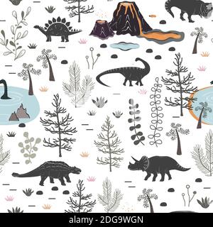 Motif vectoriel sans couture avec différents dinosaures, plantes et volcan. Paysage de dessins animés de la période jurassique avec dino. Texture pastel pour les enfants Illustration de Vecteur