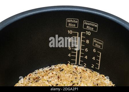 Gros plan de mesure de la cuve graduée du cuiseur à riz électrique avec du riz brun avant la cuisson. Mesure graduée pour différents types de riz, blanc, jasmin Banque D'Images