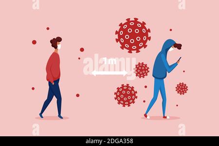 Gardez l'illustration du vecteur de distance sociale en toute sécurité. Caricature les personnes qui garde une barrière de 1 m de distance pour la protection contre les risques d'infection à coronavirus, mesure de prévention pour protéger la santé contexte de l'infographie Illustration de Vecteur