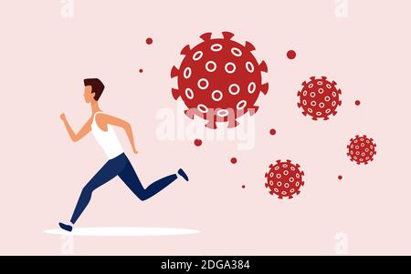 Coronavirus covid19 cellules pourchassant l'homme concept vecteur illustration. Personnage de dessin animé mâle s'éloignant des agents pathogènes dangereux agressifs pour protéger la santé, pour éviter les antécédents d'infection virale Illustration de Vecteur