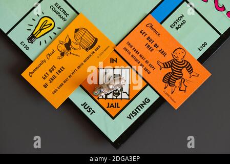 Une chance et un coffre communautaire sortez de prison Carte gratuite sur un tableau de monopole à côté de la voiture Pièce à jouer sur la place In Jail/Just vising Banque D'Images