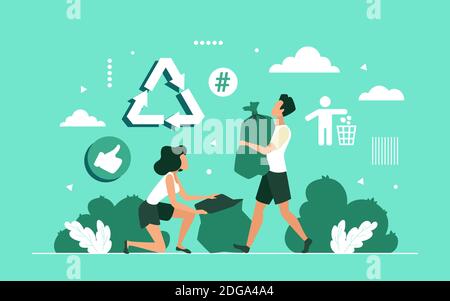 Les gens ramassent les déchets dans des sacs, nettoyer et sauver la planète écologie illustration vecteur. Caricature bénévoles personnages nettoyer les déchets dans le parc, éco-protection de l'environnement contexte concept Illustration de Vecteur