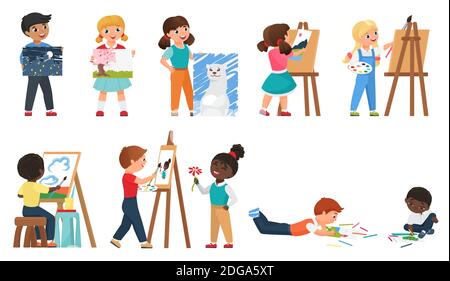 Jeu d'illustrations vectorielles pour enfants. Caricature de jeunes artistes personnages dessin d'art travail avec des outils de peinture, enfants d'âge préscolaire ou scolaire debout devant le chevalet, hobby d'enfance isolé sur blanc Illustration de Vecteur