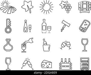 Ensemble de lignes fines noires et blanches icônes de vin ou de cave de vinification Grande Illustration de Vecteur