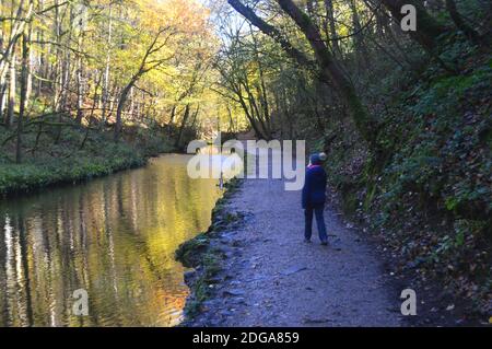 Femme avec chapeau de pompon marchant sur le sentier par Ellar Beck dans Skipton Woods, Skipton, North Yorkshire, Angleterre, Royaume-Uni. Banque D'Images