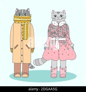 Chats d'hiver humanisés. Deux jolis chatons de dessin animé vêtus de vêtements chauds. Illustration vectorielle pleine couleur Illustration de Vecteur