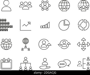 Icônes de la population mondiale jeu de lignes fines noir et blanc grand Illustration de Vecteur