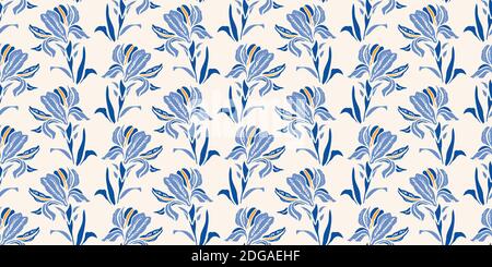 Motif floral de l'iris baroque botanique. Arrière-plan sans couture à motif fleuri vectoriel. Conception Linocut. Cuisine vintage. Vêtements de cuisine, décoration d'intérieur, papier cadeau. Vignette Vector EPS 10. Illustration de Vecteur