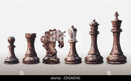 Triangulation vectorielle, ensemble de brun foncé, côté noir, pièces d'échecs, conception basse poly isolée sur fond blanc. Géométrie polygonale des symboles CheckMate Banque D'Images