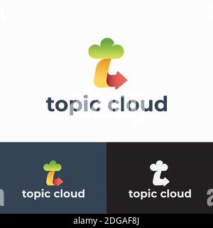 Modèle de signature, symbole ou logo abstrait de la rubrique Cloud. Lettre T avec icône en forme de flèche et typographie moderne. Dynamic Tech Storage ou Data Emblem concept Illustration de Vecteur