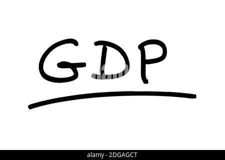 L'abréviation GDP, signifiant produit intérieur brut, manuscrite sur fond blanc. Banque D'Images