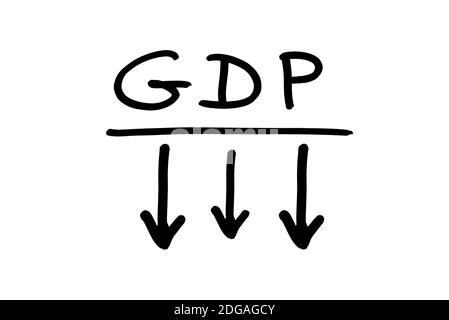 L'abréviation GDP, signifiant produit intérieur brut, manuscrite sur fond blanc. Banque D'Images