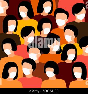 Les gens se rassemblent dans un masque médical blanc. Illustration du vecteur de quarantaine du coronavirus. Illustration vectorielle Illustration de Vecteur