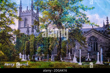 Perry Church, St John The Evangelist on Church Road, Perry Barr, Birmingham, vers 1910 photo couleur illustration carte postale vintage, Birmingham, West Midlands, Royaume-Uni Banque D'Images