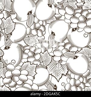 Motif noir et blanc sans couture avec pommes et raisins style vintage Illustration de Vecteur