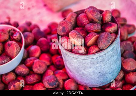 Noix de Castanea grillées thaïlandaises à vendre sur le marché local. Castanopsis inermis est également connu sous le nom de chinquapin ou chinkapin, est un genre d'arbres à feuilles persistantes b Banque D'Images