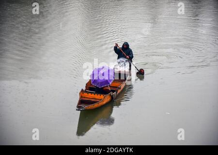 Srinagar, Inde. 08 décembre 2020. Un barman transportant un passager pendant une pluie.des endroits plus élevés de la vallée du Cachemire ont reçu des chutes de neige pour le deuxième jour, tandis que les plaines ont été heurtées par des pluies, a déclaré un responsable. Crédit : SOPA Images Limited/Alamy Live News Banque D'Images