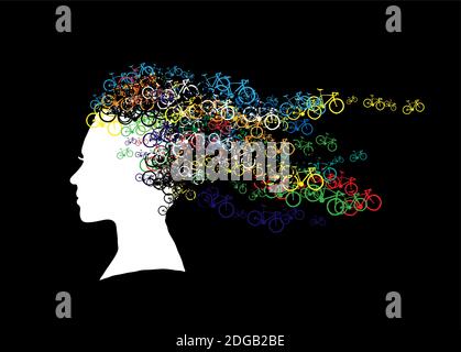 Silhouette blanche du visage d'une fille avec des cheveux faits de petits vélos isolés sur fond noir. Coiffure créée à partir de vélos colorés. ILLUST Illustration de Vecteur