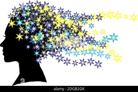 Silhouette noire du visage d'une fille avec des cheveux faits de petites étoiles isolées sur fond blanc. Coiffure créée à partir d'étoiles bleues et jaunes. VVecto Illustration de Vecteur