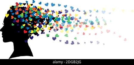 Silhouette de visage de fille avec des cheveux faits de coeurs colorés. Illustration isolée sur fond blanc. Illustration de Vecteur