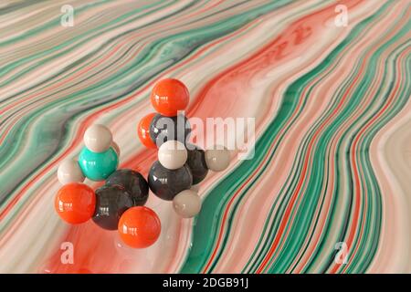 Acide glutamique (acide l-glutamique, Glu, E) acide aminé et molécule de neurotransmetteur. Rendu 3D. Modèle moléculaire à bille à échelle montré flottant juste au-dessus Banque D'Images