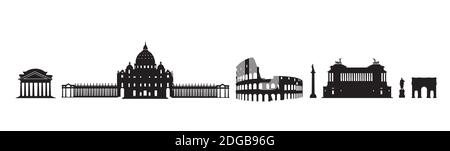 Ensemble de monuments architecturaux de voyage à Rome. Lieux italiens célèbres. Icônes de silhouette de bâtiment. Illustration de Vecteur