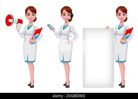 Vecteur de stock gai médecin personnage de dessin animé, ensemble de trois poses. Belle jeune femme médecin tenant le haut-parleur, tenant le smartphone et debout Illustration de Vecteur
