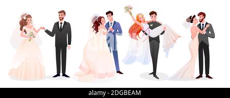 Mariage mariage couple vecteur d'illustration collection. Caricature heureux couples mariés personnages debout ensemble, mariée jeune et marié mignons Illustration de Vecteur