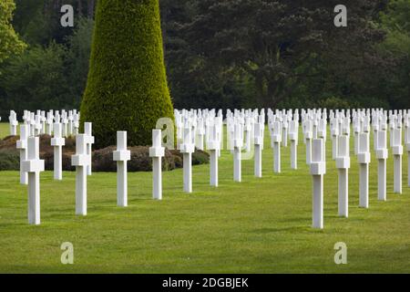 Croix chrétienne marquant les tombes des soldats américains tombés, cimetière et mémorial américain, Colleville-sur-Mer, plages du débarquement, Calvados, Normandie, France Banque D'Images