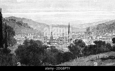 Une vue du XIXe siècle de Bath, Somerset, Angleterre, connue pour ses bains romains, renommée pour les propriétés curatives de l'eau des sources. Bath est devenue populaire en tant que ville thermale à l'architecture géorgienne qui comprenait le Royal Crescent, le Cirque, la salle de pompe et les salles de réunion, où beau Nash a présidé la vie sociale de la ville de 1705 jusqu'à sa mort en 1761. Banque D'Images