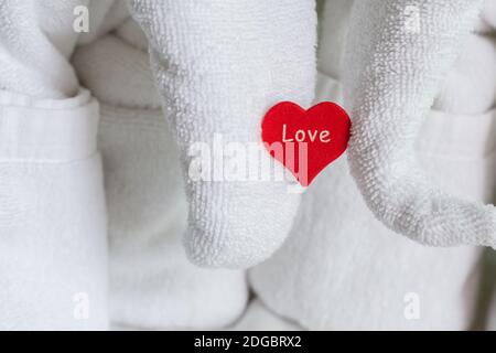 Un coeur rouge en bois tenant une figurine d'éléphant d'un serviette blanche symbole de l'amour composition salutation Banque D'Images