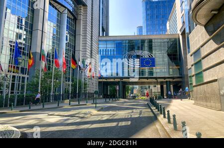 Bruxelles, Belgique, juin 2019, bâtiment moderne du Parlement européen dans le quartier européen de Bruxelles, Belgique. Banque D'Images