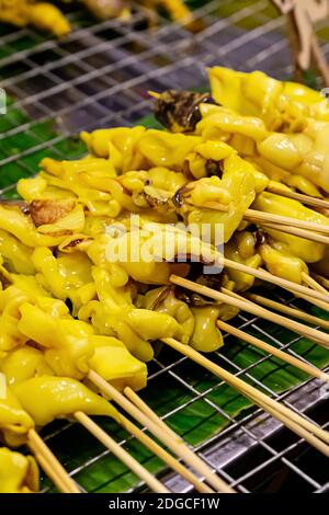 Brochettes de pieuvre assaisonnées de curry jaune sur une brochette en bois couché sur la grille du gril Banque D'Images