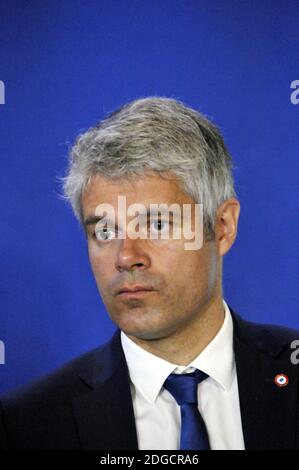 Le député Laurent Wauquiez, parti de droite français les Républicains (LR), le sénateur François Baroin, parle lors d'une réunion de campagne en prévision des prochaines élections législatives le 10 mai 2017 au siège du parti LR à Paris, en France. Le deuxième tour des élections législatives aura lieu en France les 11 et 18 juin. Photo d'Alain Apaydin/ABACAPRESS.COM Banque D'Images