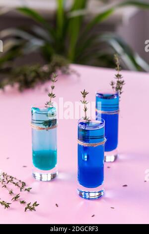 Verres alcoolisés bleus et verts décorés d'une branche de thym, verres à liqueur de couleur sur fond rose Banque D'Images