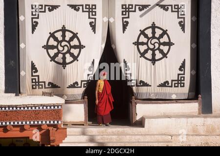 Tôt le matin au monastère de Hemis. Un jeune moine à l'entrée de la salle de prière. Sur l'écran en tissu à l'entrée ci-dessus est le Dharmachakra - une roue typique de Dharma avec 8 rayons représentant le chemin d'Eightfold - le plus ancien symbole universel pour le bouddhisme. Monastère de Hemis, Hemis, Ladakh, Jammu-et-Cachemire, Inde. Banque D'Images