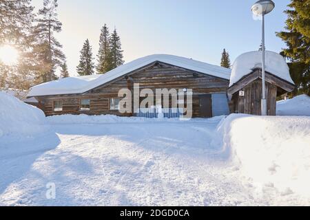 Chalet en rondins enneigé au soleil en Laponie Banque D'Images