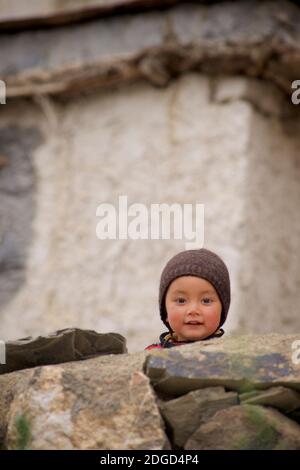 Portrait d'un garçon de Ladakhi avec un chapeau de bonnet de beany peking au-dessus d'un mur, Lamayouro, Ladakh, Jammu et Cachemire, Inde Banque D'Images