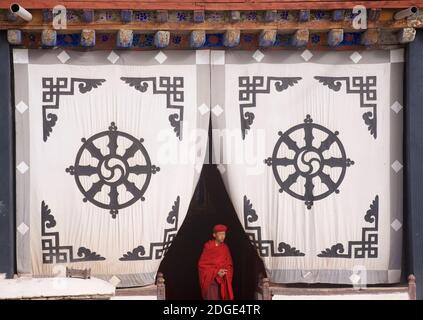 Tôt le matin au monastère de Hemis. Un jeune moine à l'entrée de la salle de prière. Sur l'écran en tissu à l'entrée ci-dessus est le Dharmachakra - une roue typique de Dharma avec 8 rayons représentant le chemin d'Eightfold - le plus ancien symbole universel pour le bouddhisme. Monastère de Hemis, Hemis, Ladakh, Jammu-et-Cachemire, Inde. Banque D'Images