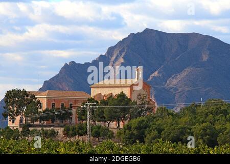 Près d'Algorfa, à l'intérieur des terres sur la Costa Blanca, l'Espagne se trouve l'Ermita de la Virgen del Carmen entourée d'orangers avec la montagne Callosa derrière. Banque D'Images