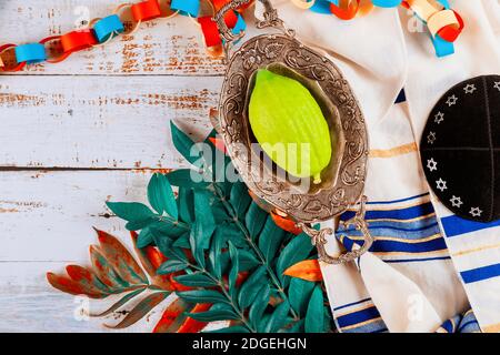 Symboles traditionnels Festival juif de Sukkot Etrog, lulav, hadas, arava livre de prière kippa Tallit Banque D'Images