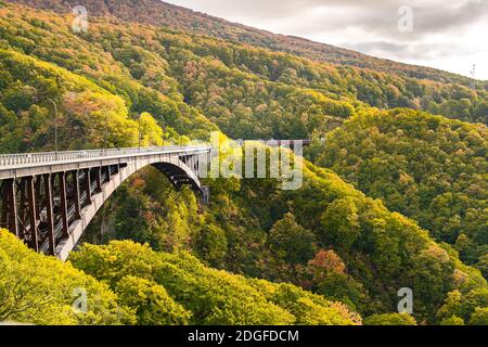 Vue sur le pont de Jogakura avec la belle forêt de la montagne couleurs d'automne Banque D'Images