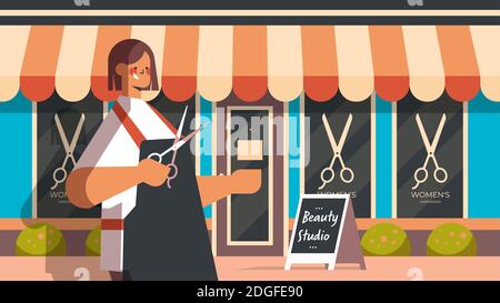 coiffeur en uniforme tenant des ciseaux salon de beauté bâtiment façade beauté illustration vectorielle horizontale extérieure du studio Illustration de Vecteur