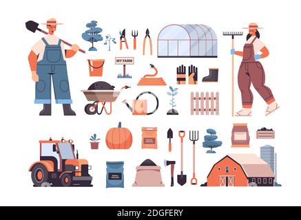 mettez les outils de jardin et de ferme équipement de jardinage et les agriculteurs dans illustration vectorielle horizontale du concept d'agriculture écologique biologique uniforme Illustration de Vecteur