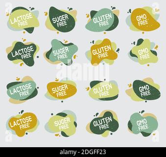 Jeu de badges sans allergènes. Sans lactose, gluten, sucre et OGM. Signes vectoriels d'allergène contant pour la conception d'emballage, café, badges de restaurant, étiquettes Illustration de Vecteur