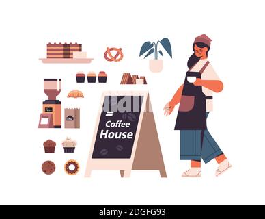 placez les outils et les accessoires du café avec le barista féminin friandises uniformes et collection de café pleine longueur isolée vecteur horizontal illustration Illustration de Vecteur