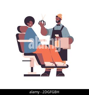 coiffeur élégant coupant les cheveux du client africain américain barber en uniforme mode coupe de cheveux barbershop concept pleine longueur vecteur isolé illustration Illustration de Vecteur